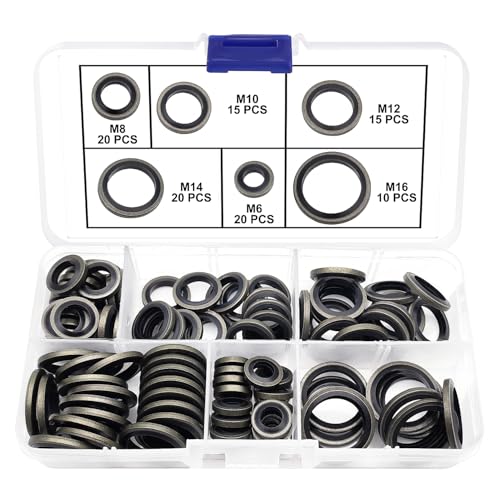 YIXISI 100 Piezas 6 Tamaños M6 / M8 / M10 / M12 / M14 / M16 Kit de Arandelas de Aceite de Sellado Unido, Arandela de Goma de Metal, para Sistema Hidráulico