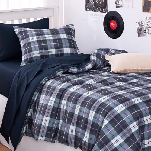 Image of Wake In Cloud - Plaid Comforter Set, Scottish Tartan Check Geometric Modern Pattern Printed, Soft Lightweight Bedding, 3 Pieces, Navy Green, Twin /Twin XL Size