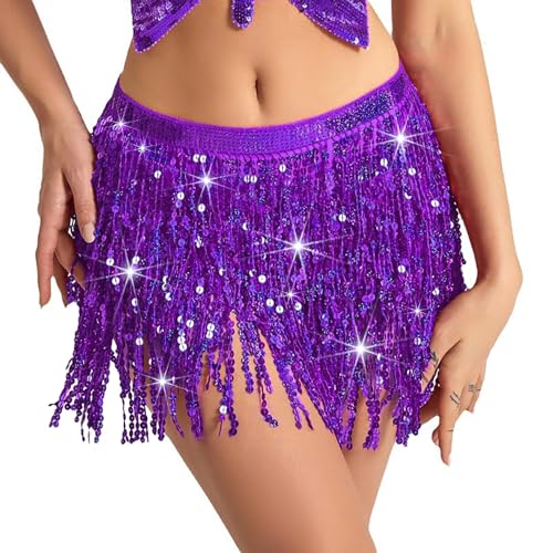 Baisdan Jupe Paillette Femme, Jupe a Paillette avec Franges Scintillantes pour Festivals et Performances de Danse Orientale Violet