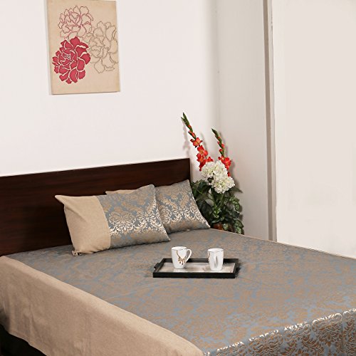 Image of Cotton Jacquard Self Design /Woven Damask Bedsheet With 2 Pillow Cases (18X27 Inches, Blue And Gold, Double, King), 275 TC