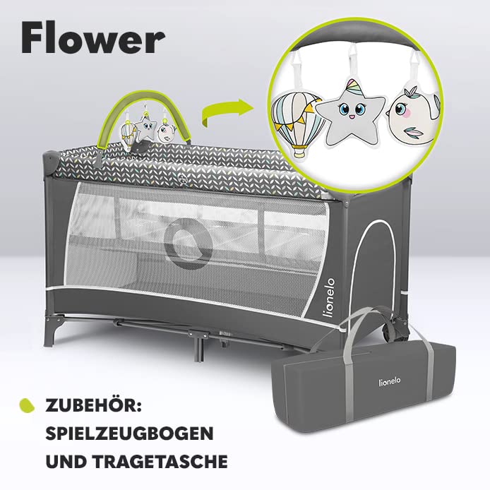 Lionelo Flower 4in1 Reisebett Baby mit Seiteneingang, Wickeltisch, Zwei Matratzenaufhängungshöhen, Spielzeugbogen mit Spielfiguren, Rollen, Tragetasche