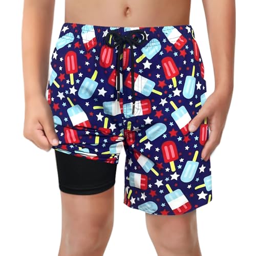 LUCOWEE Boys Swim Trunks Compression Liner Anti Chafe Swimming Shorts Bathing Lakewear Sandless Stretchy Adjustable Drawstring Quick Dry UPF 50+ Shorts Dazzling Popsicle Size 14 16