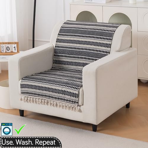 Image of HOKIPO 'Artisan Boho Series' 450 GSM Sofa Cover with Tassels | Multicolor Cotton Acrylic Jacquard Slipcover for 1 Seater Sofa, Size 152x60 cm, Charcoal Black (IN-907-A3)