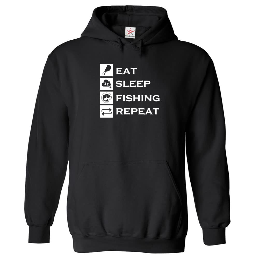 Stars and Stripes Eat Sleep Fishing Repeat Fashion Designed Kids Pull Over Hoodie for Fisherman Fishing Lovers (XS, Black, 12_13 Years)