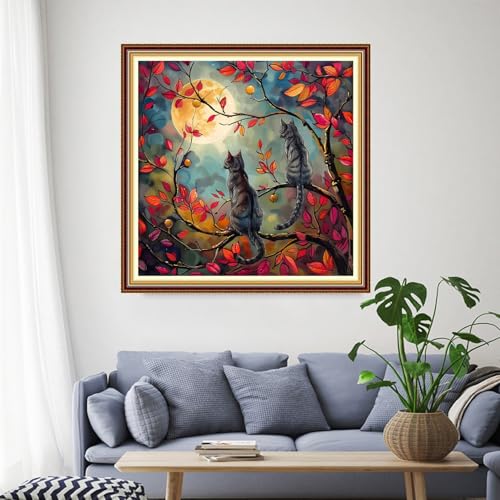 Image of Funchey Stamped Cross Stitch Kits, DIY Cross Stitch Pattern for Adults Beginners Needlepoint Kits Embroidery Kit Arts and Crafts 11CT-Cats Admiring the Moon 18x18 inch