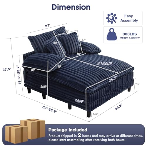 Image of WESTSETLUX 54.8 inch W Oversized Chaise Lounge Chair Indoor with 5-Position Adjustable Backrest, Plush Sleeper Sofa Bed with Pillows, Upholstered Cloud Couch Chair for Living Room, Study Room, Navy Blue
