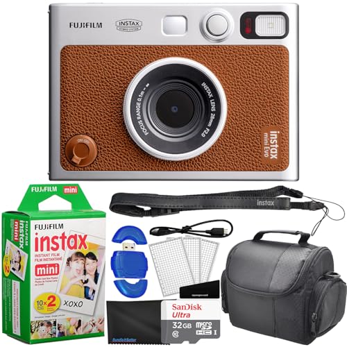 Fujifilm Instax Mini EVO Hybrid Instant Camera Brown Bundle with 20 Instax Mini Instant Film Sheets