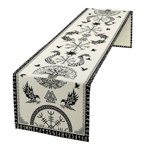 Camino de mesa vikingo del árbol de la vida, casco de cuervo de asombro, camino de mesa de temporada para cocina, comedor, fiesta en casa, 13 x 120 pulgadas