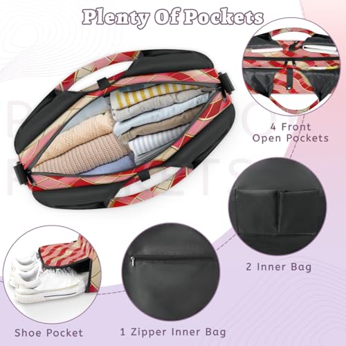 Yoga Bag for Women，Waterproof Polyester Gym Bag Detachable Strap,Shoe Pocket，Double Zipper,Shape Water Ripple Red Duffel Bags3