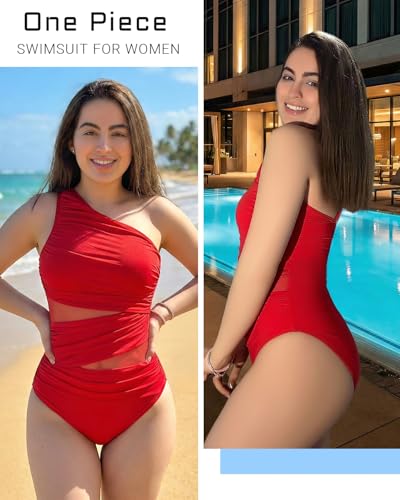 Image of Aqua Eve Women Mesh One Piece Swimsuit - Tummy Control One Shoulder Bathing Suit Cut Out Swimwear 2026