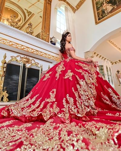 Luxury Gold Applique Quinceanera Dresses Layered Tulle Sweet 16 Dresses Beaded Off Shoulder Vestidos De 15 Años4