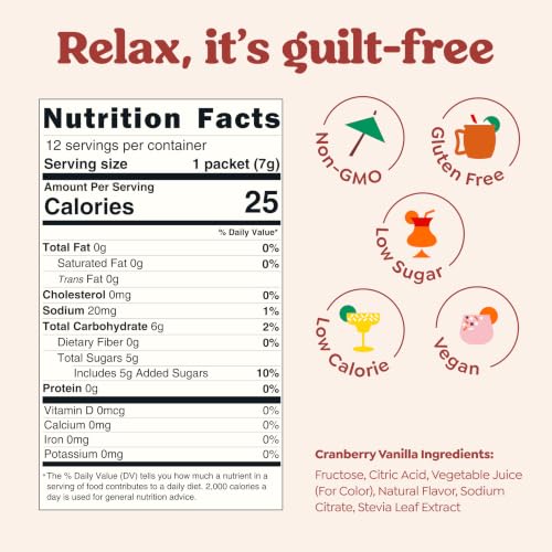 Image of Craftmix Cranberry Vanilla Cocktail & Mocktail Drink Mixer, Pack of 12 | Skinny Mixes, Water Flavoring Packets, Made with Real Fruit, Vegan Low-Carb, Low-Sugar, Non-GMO, Dairy Free, Gluten Free