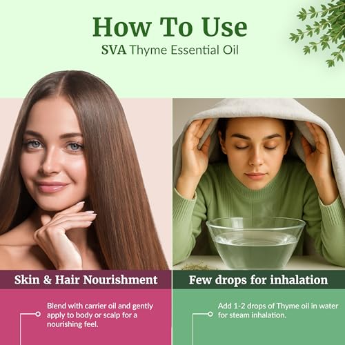 Image of SVA Thyme Essential Oil 4 Fl Oz - for Diffuser, Skin & Hair Care - Ideal for Massage & DIY Blends - with Dropper