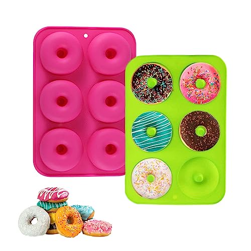 Anicy 2 moldes de silicona para donut – 6 cavidades de silicona para hornear donut molde antiadherente para pasteles, galletas, panecillos, magdalenas, verde y rosa