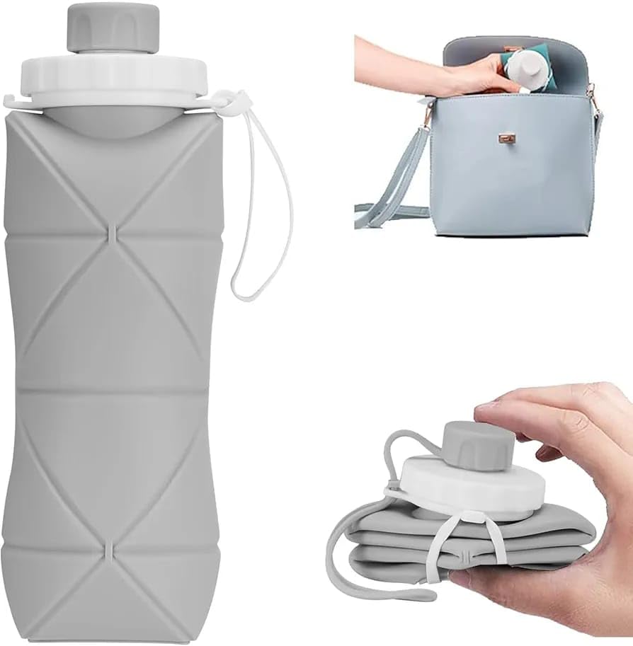 Image of Folding Silicone Sports Water Bottle | Collapsible BPA-Free Travel Bottle | Leakproof Lightweight Water Bottle for Gym Hiking Camping Outdoor | Reusable Foldable Bottle with (Grey)