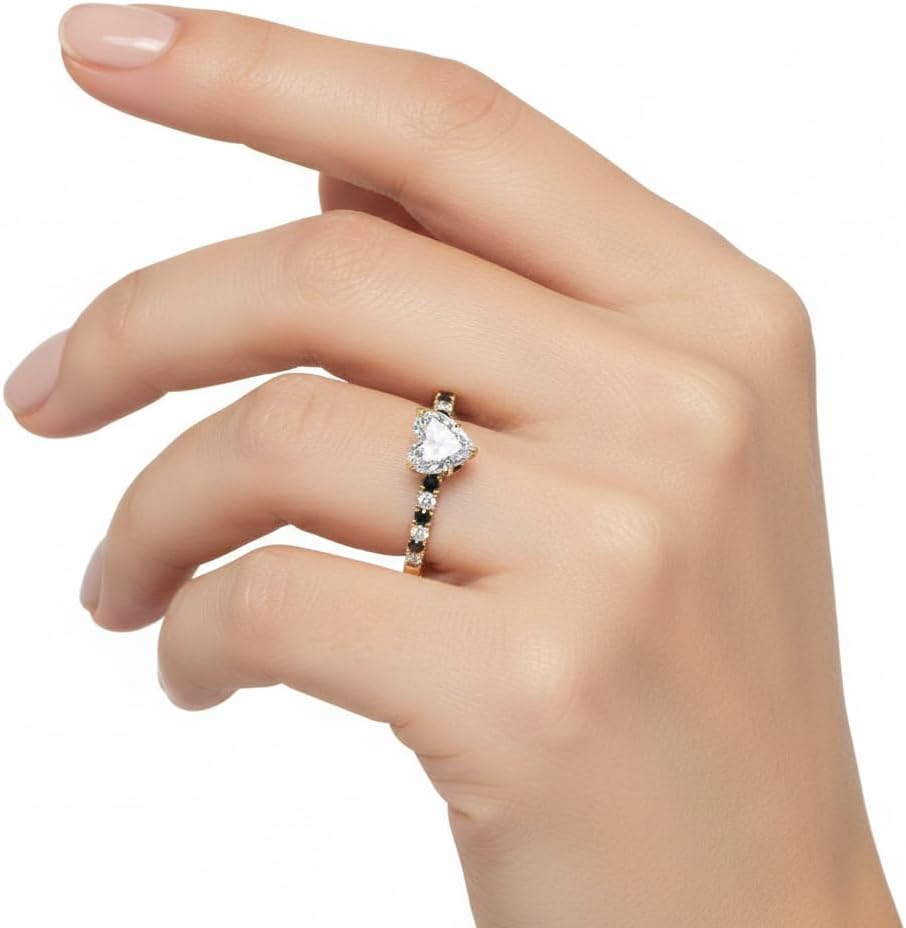 Choose Your Gemstone Hidden Halo Petite Diamond CZ Ring Yellow Gold Plated Heart Shape Halo Engagement Rings Matching Jewelry Wedding Jewelry Easy to Wear Gifts US Size 4 to 12