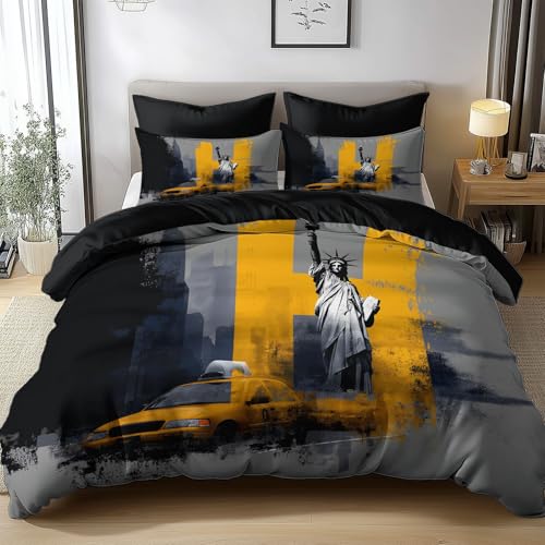 Housse de Couette 240 x 260 cm Images De Taxis De New York Parure de lit Microfibre avec Fermeture Éclair Sets de Housse Couette avec 2 Taie d'oreiller Linge...