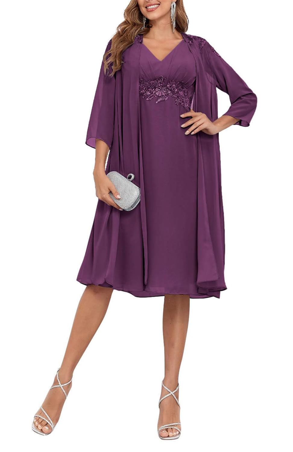Kiyne Women's Plum Classy Short Mother Of The Bride Dress With Jacket Sleeves For Wedding 2 Pieces Chiffon Evening Formal Dresses Uk18