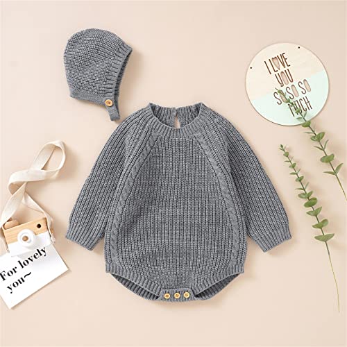 Toddler Pullover Sweater Newborn Infant Baby Solid Knit Romper Cotton Long Sleeve Boy Girl Fall Winter Bodysuit Hat2