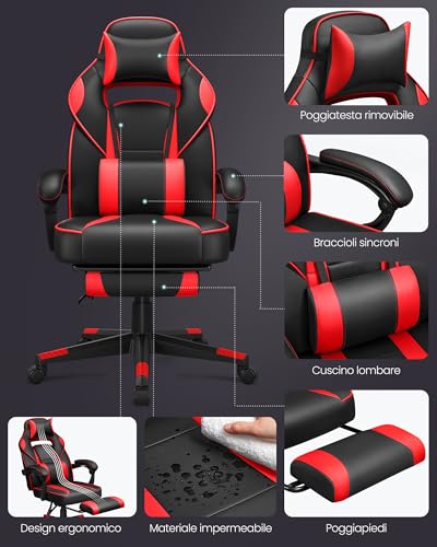 Sedia da Ufficio, Poltrona Racing Ergonomica, Poggiapiedi Telescopico, Schienale Inclinabile, Poggiatesta e Supporto Lombare, Portante di 150 kg, Nero Inchiostro e Rosso Fragola OBG73BRV1 - Sedia gaming - Immagine 3
