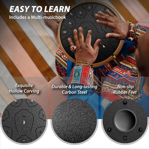 Image of Steel Tongue Drum, 13 Inch 15 Notes Tongue Drums, C Major 440 Hz Drum Percussion Instruments, Handpan Drums with Music Book, Drum Mallets and Carry Bag (Black)