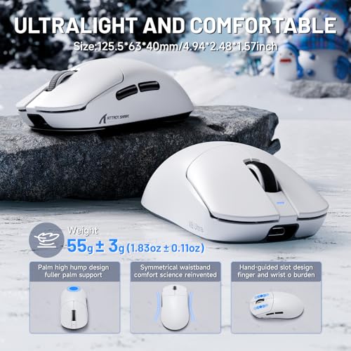 Image of ATTACK SHARK X8 Ultra Wireless Gaming Mouse, 42000 DPI PAW3950MAX Sensor, 8000Hz Polling Optical Nordic 52840 Tri-Mode 2.4G /BT /Wired, 55g Lightweight Big Hand Ergonomic Mouse with Coiled Cable-White