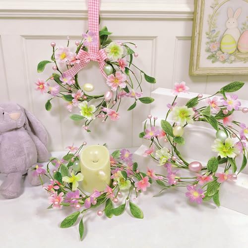 Image of 4 Pcs Easter Decorations for Home 12 Inch Small Easter Wreath with Colorful Eggs Flowers Berried Leaves Spring Mini Easter Wreath for Home Decor Table Kitchen Cabinets Mantle Wall Window Door