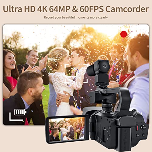 Video Camera Camcorder 4K 64MP 60FPS, HD Auto Focus Vlogging 4.0" Touch Screen 18X Zoom Digital Camera with Microphone, Handhold Stabilizer, 64G SD Card, Remote Control, Charger - Image 3
