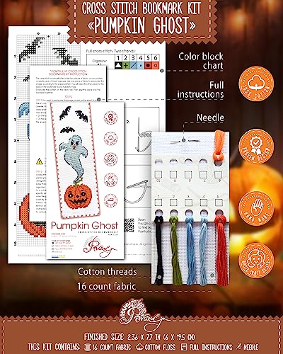 Image of Povitrulya Counted Cross Stitch Bookmark Kit 'Pumpkin Ghost' - DIY Embroidery Set for Adults
