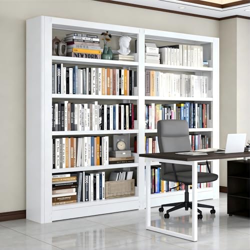 Image of Heavy Duty Metal Bookshelf, 5-Tier Industrial Bookcase with Adjustable Shelves, Large Storage Bookshelf for Living Room, Office, Library, 69 inch H x 69.3 inch W, White