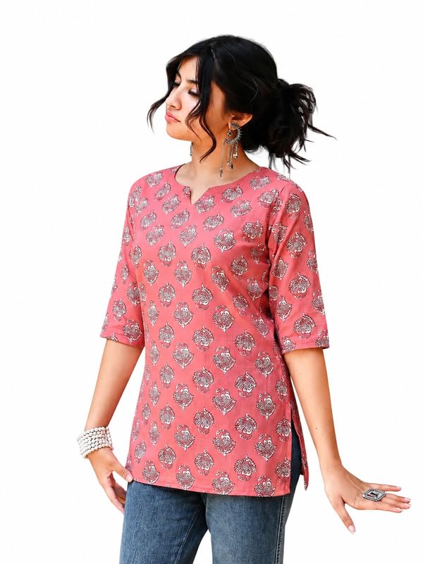 Pinkmint Women Printed Short Kurti | 3/4 Sleeve Casual Straight Kurta | Comfortable Ethnic Wear for Women (Pack of 1) Light Pink Deal