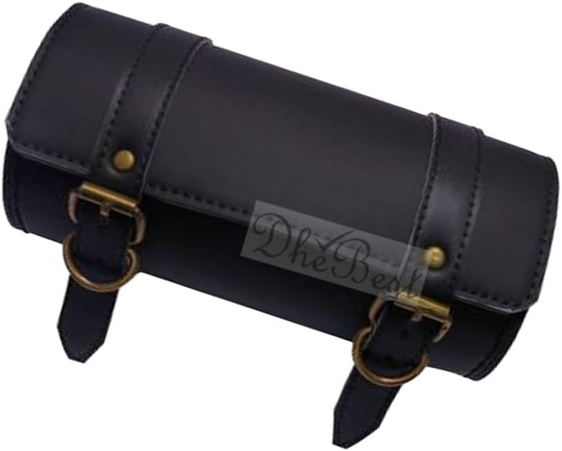 Faux Leather Bike Side/Rear Saddle Bag Round Style Tool Bag Storage Tool Pouch 2 Strap Closure Black for RE Classic Battle Green 350