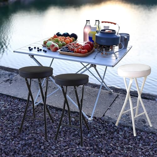 Cushioned Folding Stool for Adults - 25in Backless Height, PU Upholstered High Chair for Indoor/Outdoor Use, Portable Padded Stool for Kitchen, Dining, and Breakfast (Color: White/Black)