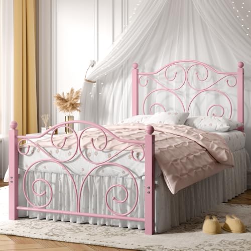 Image of VECELO Twin Size Bed Frame with Headboard and Footboard, Heavy Duty Metal Slat Support, Platform Mattress Foundation, No Box Spring Needed, Easy Assembly, Pink