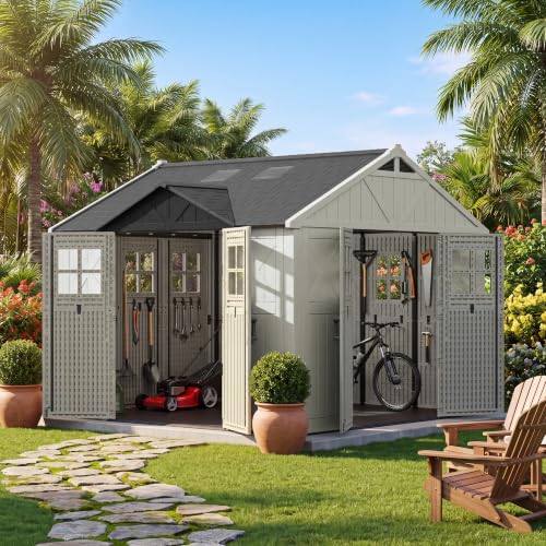 Image of Greesum 10x10FT Resin Outdoor Storage Shed with Three-Sided Doors, Beige