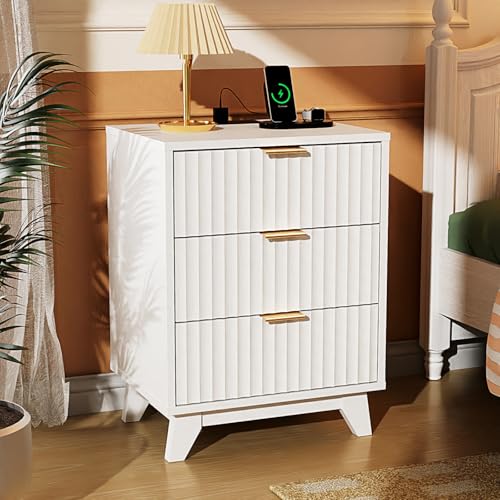 Image of VINGLI Fluted White Nightstand with Charging Station, 3 Drawer White Night Stand Bedside Table with Drawers for Bedroom, Fluted Bedside Table /End Table /Side Table, 17.72 inch W*13.78 inch D*23.62 inch H, 1 pc
