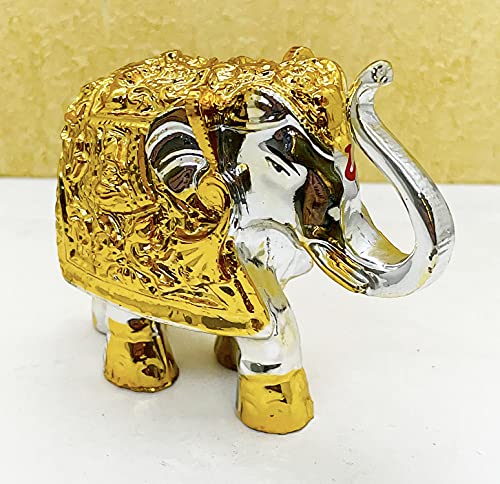 Image of Exclusive Fengshui Polyresin Elephant with Trunk Up with Golden Dress for Wealth Good Luck & Fortune. (ES-2604)