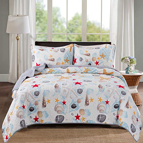 Travan 3-Piece Queen Quilt Set Microfiber Quilted Bedspread Lightweight Coastal Beach Theme Printed Coverlet Set with Shams Quilted Bedding Set for All Season, Ocean Shell, Queen