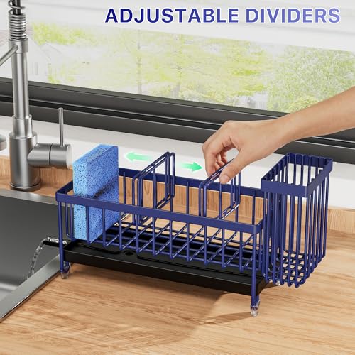 Image of Cisily Sponge Holder for Kitchen Sink, Sink Caddy Organizer with High Brush Holder, Kitchen Countertop Organizers and Storage Essentials, Rustproof 304 Stainless Steel (Navy Blue, 9.25″)