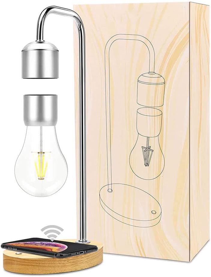 Unique Modern Levitating Lamp with Floating Light and Built-in Qi Wireless Charger, Simplistic and Innovative Design, Warm Decorative Night Light (Silver Bulb)