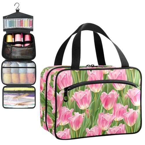 YNNALE Sewing Supply Organizer Bag, Pink Tulip Flower with Green Leaves Portable Sewing Bags with Pockets&Hanger, Sewing Storage Box Case for Sew Supplies/Kit/Tools/Accessories (BAG ONLY)