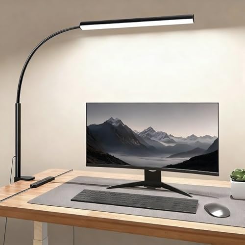 SKYLEO LED Desk Lamp with Clip, Eye-Protection Gooseneck Lamp, 3 Light Modes × 10 Brightness, USB Port, 5V/2A Adapter (Black)