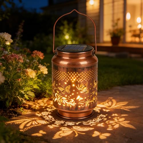 Solarlaterne für Außen Schmetterling, SGZIOO Solarlampen für Außen Garten, IP65 Wasserdicht Solar Gartenlaterne, Hängend Metall LED Gartenleuchte, Dekoration für Garten Rasen