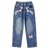 KIDSCOOL SPACE Girls Jeans, Elastic Waistband Embroidered Stretch Denim Trousers,Blue,13-14 Years