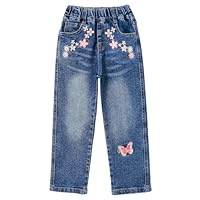 KIDSCOOL SPACE Girls Jeans, Elastic Waistband Embroidered Stretch Denim Trousers,Blue,13-14 Years