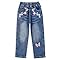 KIDSCOOL SPACE Girls Jeans, Elastic Waistband Embroidered Stretch Denim Trousers,Blue,13-14 Years