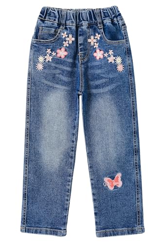 KIDSCOOL SPACE Mädchen-Jeans, elastischer Bund, bestickte Stretch-Jeans, Blau, 7-8 Jahre