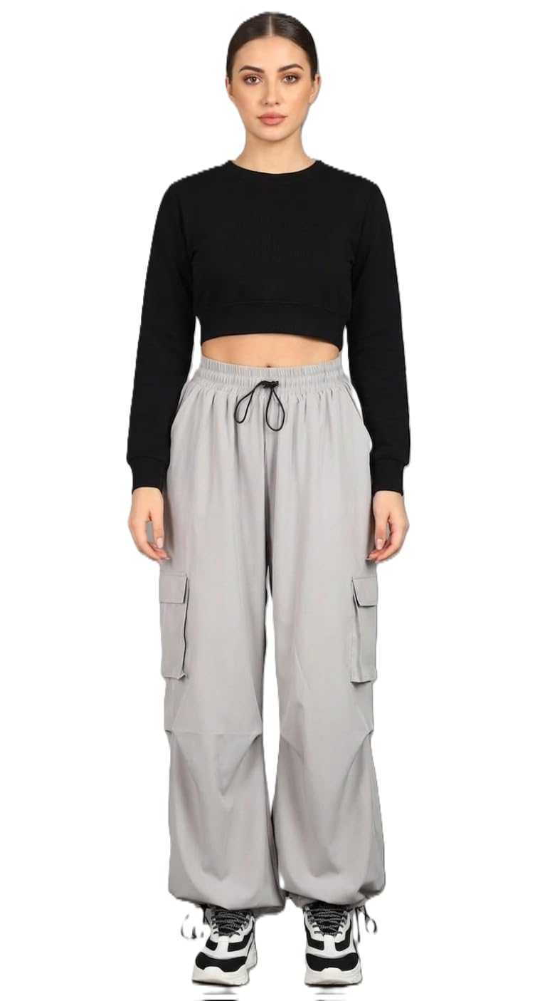 Women's Cargo Parachute Pants, Elastic Waist, Relaxed Fit, Ankle Cuff-picture-55