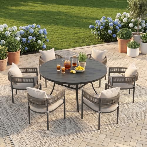 Image of VICLLAX Patio Dining Set for 6-53 inch Round Table & Cushioned Seats, Black