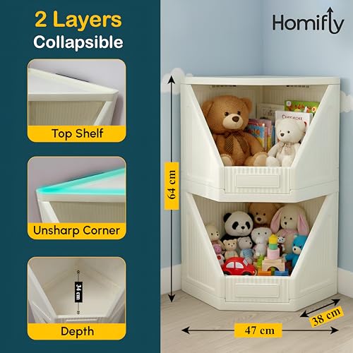 Image of HOMIFLY 2 Tier Corner Storage Cabinet /Stackable Plastic Cupboard for Storage /Foldable Wardrobe for Clothes /Toys Storage Organizer /Cabinet for Kitchen, Bathroom, Living Room (White)